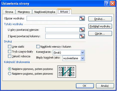 Strona 39 z 46 RYSUNEK 21 OKNO SŁUŻĄCE DO TWORZENIA NIESTANDARDOWYCH NAGŁÓWKÓW I STOPEK W tym celu należy zaznaczyć odpowiedni kwadrat w części Drukuj powyższego okna.