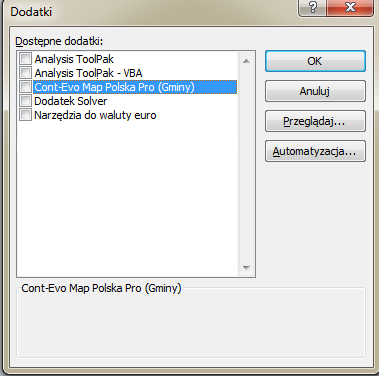 Instrukcja użytkowania dodatku MS Excel - CONT-EVO MAP w wersji komercyjnej W kolejnym kroku używamy polecenia Przeglądaj i wskazujemy lokalizację pliku z dodatkiem: Potwierdzenie przyciskiem OK