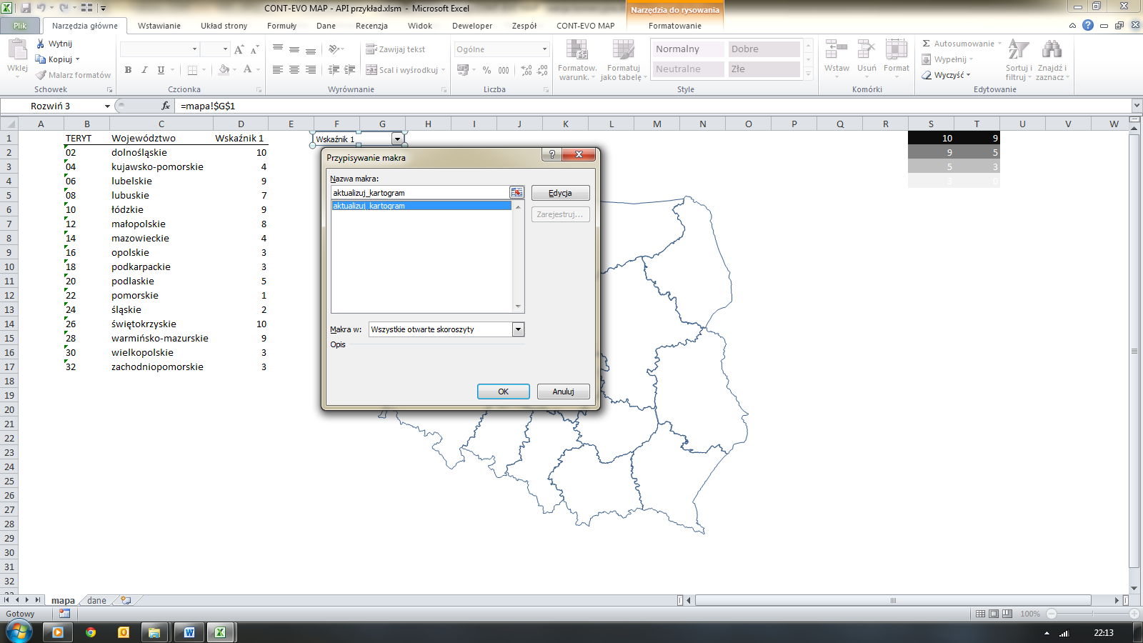 Instrukcja użytkowania dodatku MS Excel - CONT-EVO MAP w wersji komercyjnej Gotowe teraz z każdą zmianą wyboru pozycji na liście rozwijanej, aplikacja będzie generowała automatycznie nowy kartogram.