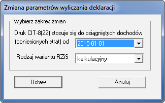 Wersja 2015.b Aktualizacja wzorów deklaracji: CIT-8(22), CIT 8/O(9) Zaktualizowano wzory deklaracji: CIT-8 (22) CIT-8/O (9) Zmieniono dostępne ustawienia w oknie parametrów deklaracji.