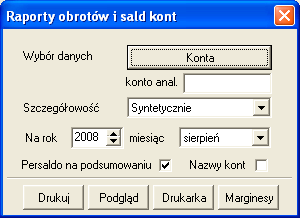 Wybór danych to wybór konkretnego schematu wg, którego zestawienie ma zostać wydrukowane. Schematy te moŝe nazywać i definiować uŝytkownik (dane pobierane są dla miesiąca i kontrahenta).