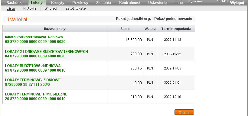 Rys. 11 Okno Lista lokat. Dla każdej z lokat wyświetlane są: numer i nazwa rachunku lokaty, aktualne saldo i waluta lokaty, data zapadania lokaty.