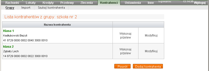 Przejście do okna Przelew dowolny (poprzez kliknięcie na tekst: Wykonaj przelew ) i automatyczne wypełnianie pól formularza przelewu danymi wybranego kontrahenta; Dodanie do grupy nowego kontrahenta