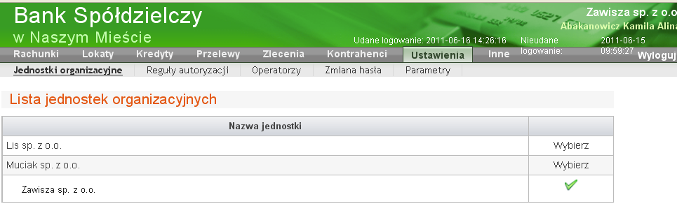 Zmiana hasła dostępu do Serwisu (menu Ustawienia Zmiana hasła ). Jednostki organizacyjne Po wybraniu menu Ustawienia Jednostki organizacyjne, wyświetli się okno Lista jednostek organizacyjnych (Rys.