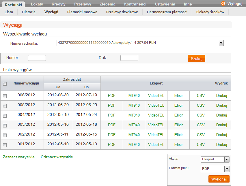 Rys. 8 Okno Wyciągi Okno Wyciągi pokazuje Listę wyciągów w postaci tabeli z danymi: Przez zaznaczenie w pierwszej kolumnie kwadratów wyboru przy każdym wyciągu możliwy jest wydruk lub eksport wielu
