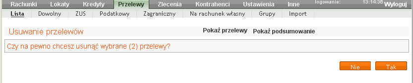 Ważne Operacja wycofania podpisów usuwa jednocześnie wszystkie podpisy z wybranych przelewów.