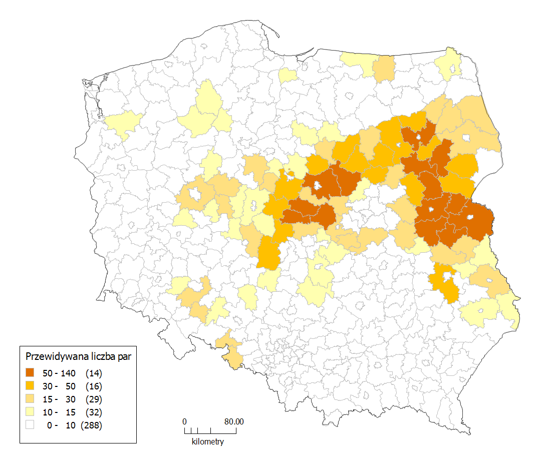 Ryc. 3. Mapa przewidywanej liczebności błotniaka łąkowego (średnia dla lat 2013-2014) w powiatach. Fig. 3. The map of predicted population size in the years 2013-2014 within each county.