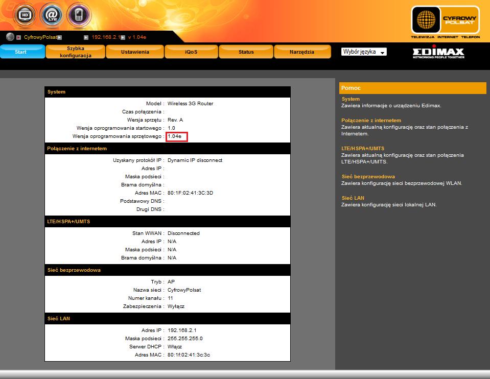 13. Powrócisz do menu głównego, powinieneś zobaczyd wersję oprogramowania: 1.04V. v Uwaga! Jeśli po aktualizacji po odczekaniu 10min nie jesteś w stanie dostad się do panelu routera (192.168.
