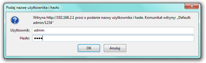 5. Zaloguj się na stronę Web Gui twojego routera, domyślny adres to: 192.168.2.1 login: admin oraz hasło: 1234.