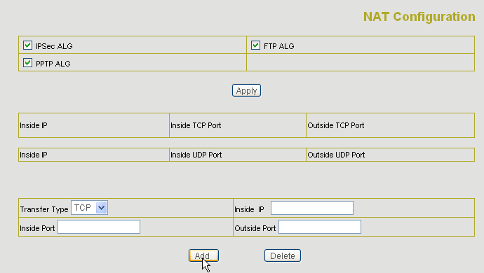 2.5.2 NAT Zaawansowane ustawienia NAT. Maksymalnie 10 przypadków dla mapowania portów TCP i UDP.