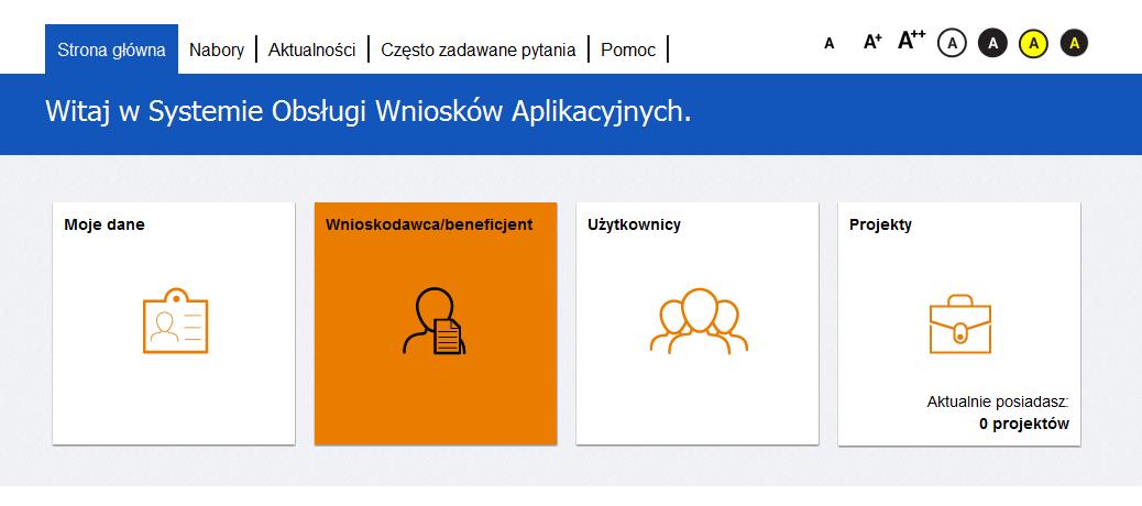 Po zalogowaniu do systemu zostanie wyświetlona Strona główna SOWA, na której oprócz odnośników dostępnych przed zalogowaniem się do systemu (tzw.