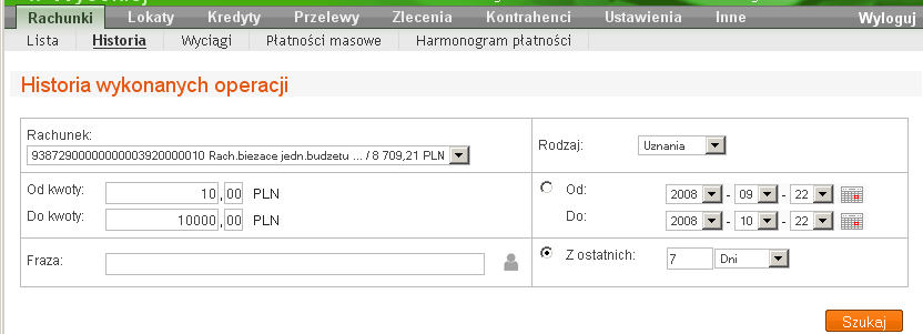 [Zmień nazwę] - zmiana bankowej nazwy rachunku na własną; powrót do nazwy nadanej przez Bank jest moŝliwa za pomocą przycisku [Przywróć domyślne] w oknie Zmiana nazwy rachunku, [Drukuj] wydruk