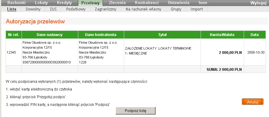 [Szukaj] uruchomienie filtracji, której efektem jest wyświetlenie listy przelewów spełniających zdefiniowane kryteria lub komunikat: Brak przelewów, jeśli takie przelewy nie istnieją.