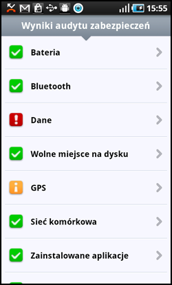 Ustawienia 6. Audyt zabezpieczeń Audyt zabezpieczeń monitoruje stan telefonu m.in. pod kątem poziomu baterii, stanu łączności Bluetooth oraz wolnego miejsca na dysku.