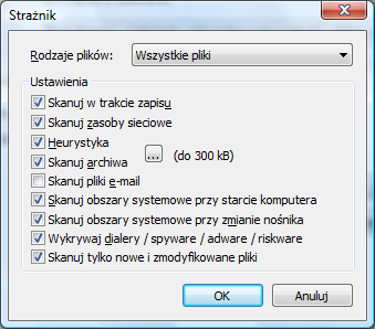 Strażnik 28 Rodzaje plików: Strażnik może skanować wszystkie pliki, lub tylko pliki wykonywalne i dokumenty.