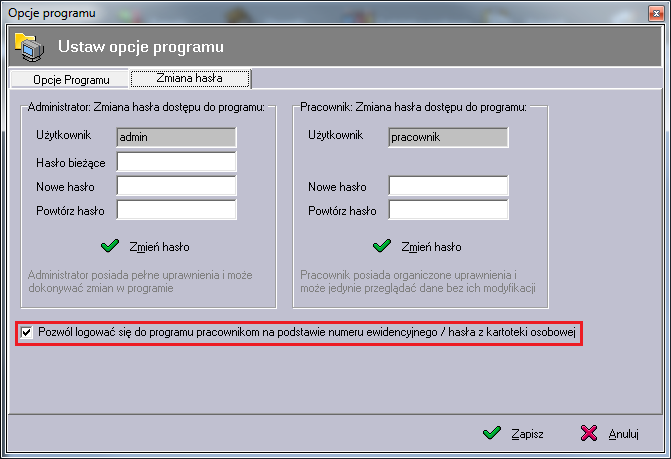 4.4.1 Logowanie do programu przez pracownika W programie istnieje dodatkowy typ konta o nazwie pracownik służące do przeglądania informacji bez możliwości ich edycji.