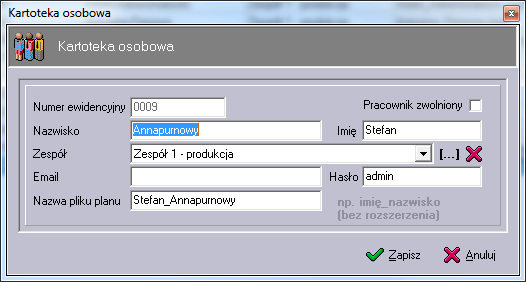 Dla każdego pracownika podajemy nazwę pliku, pod którą zapisywane będą pliki generowanych planów urlopowych. Nazwa pliku zostanie automatycznie poszerzona o rozszerzenie.spgu.