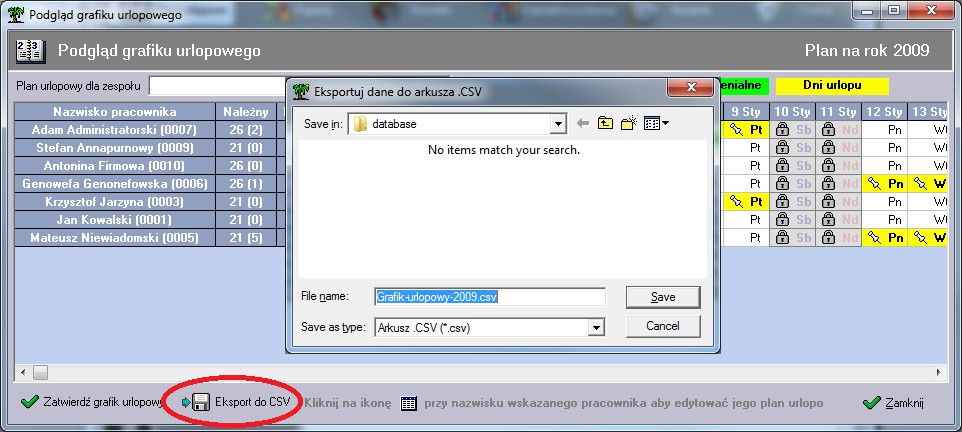Istnieje również możliwość wyeksportowania rocznego planu urlopowego dla wszystkich pracowników do arkusza.csv rozpoznawanego, np.