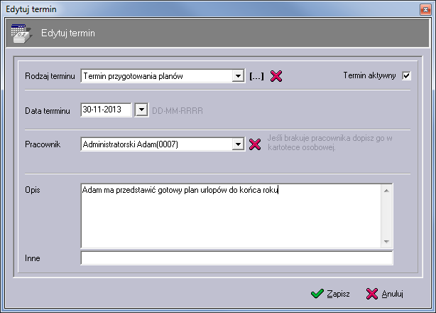 Terminarz Funkcja terminarz służy do zapisywania dowolnych terminów, które mogą być skojarzone ze wskazanym pracownikiem, choć nie muszą.