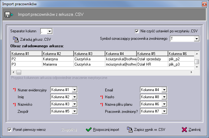 11. Importowanie pracowników z arkusza.csv W programie możliwe jest importowanie listy pracowników z zewnętrznych arkuszy kalkulacyjnych zapisanych w formacie.csv. Bardzo popularny arkusz kalkulacyjny Microsoft Excel umożliwia zapisywanie informacji właśnie w formacie CSV.