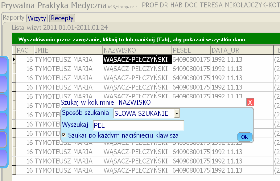 Instrukcja obsługi programu PPM Prywatna Praktyka Medyczna 25 Zmiana układu tabeli: kolejność i szerokość kolumn Program umożliwia ustawianie przez użytkownika szerokości i kolejności kolumn w