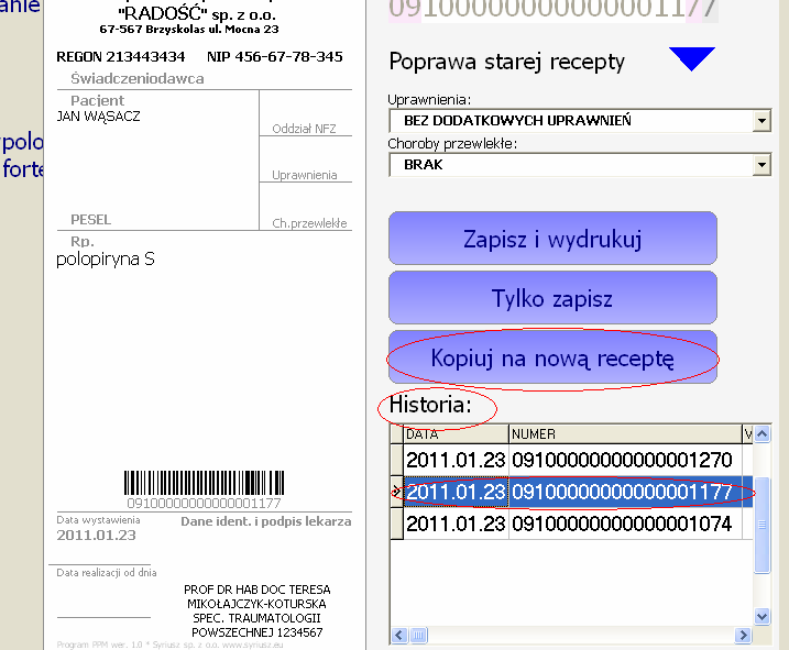 Instrukcja obsługi programu PPM Prywatna Praktyka Medyczna 34 Realizacja wydruku Przygotowaną receptę możemy Tylko zapisać lub Zapisać i wydrukować.