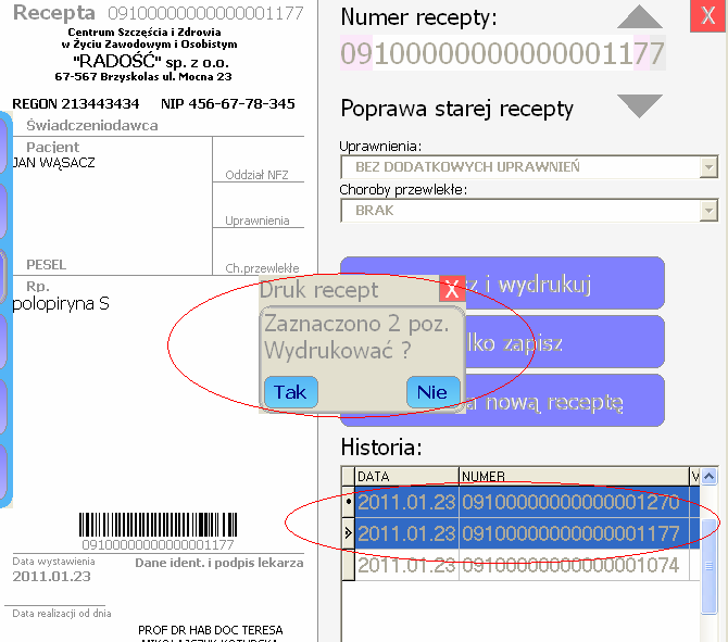 Instrukcja obsługi programu PPM Prywatna Praktyka Medyczna 35 przycisk Nie to rezygnacja z wydruku (jeżeli np. pomyliliśmy się w zaznaczaniu pozycji z receptami w Historii ).