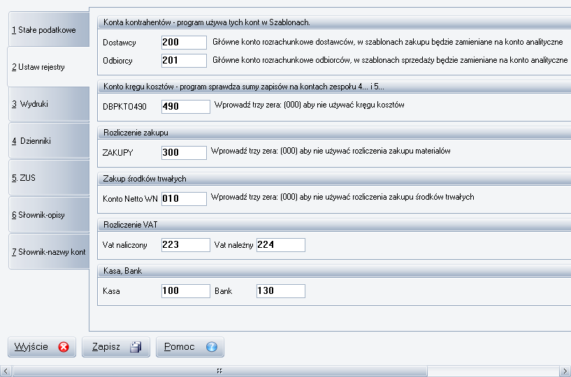 '100' - kasa - wpisanie w tym miejscu konta powoduje, że w czasie tworzenia raportu kasowego będzie ono automatycznie podpowiadane, jako podstawa do wygenerowania raportu. Uwaga!