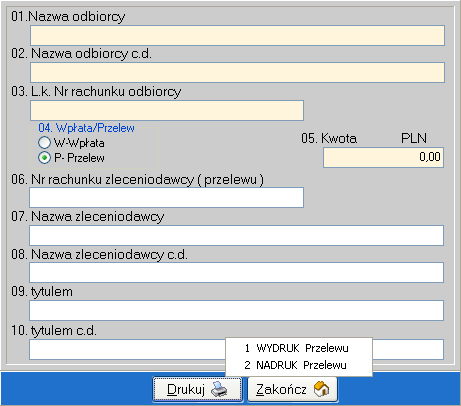 Przelewy Wydruk polecenia przelewu możliwy jest z poziomu kartoteki kontrahentów. Wystarczy zaznaczyć wybranego kontrahenta i w głównym menu wybrać ikonę "Przelew". Pojawi się wtedy takie okno.