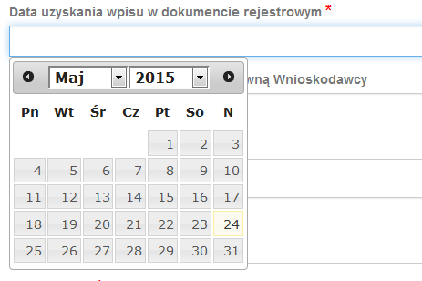 Podręcznik Beneficjenta 7. Pole typu data - pola służące do wprowadzania dat. W celu wypełnienia pola, należy posłużyd się funkcją kalendarza, uruchamianą poprzez kliknięcie w pole edycyjne.