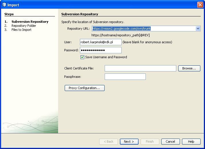 Rysunek 2.1: Importowanie istniejącego projektu Netbeans do repozytorium Subversion 2.