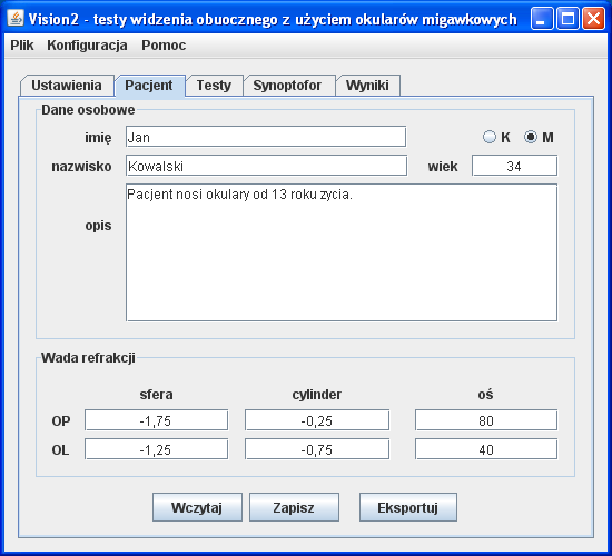 Wszystkie dane pacjenta są pokazywane w zakładce Pacjent (rys. 10.13). Edycja tych danych jest możliwa na każdym etapie pracy z programem. Wyniki badania są prezentowane w zakładce Wyniki.