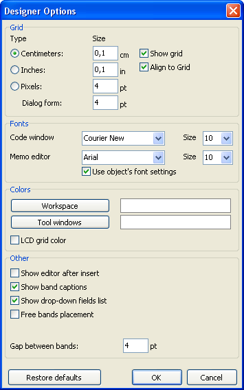 9 1.4 FastReport 4.6 User's Manual Designer options ( Opcje dizajnera) Opcje designera sa dostepne w menu View Options.