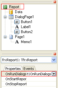 161 FastReport 4.6 User's Manual void Button1OnClick(TfrxComponent Sender) { DialogPage2.Visible = CheckBox1.Checked; } This code hides the second dialogue form (DialogPage2), if flag is not marked.