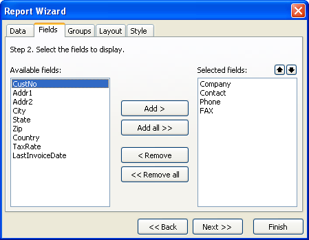 183 FastReport 4.6 User's Manual In the left side we can see a list of available fields; in the right side - list of selected fields, it will be displayed in the report.