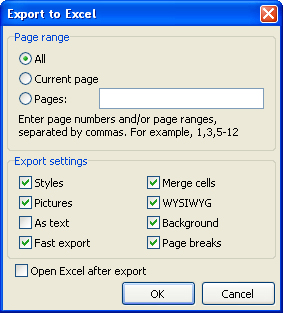 207 FastReport 4.6 User's Manual 14.5.4 Export to Excel Excel application for working with electronic worksheets. It is included into Microsoft Office System. Export method is a table/diagram one.