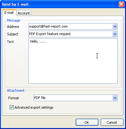 215 FastReport 4.6 User's Manual - Address e-mail address of receiver. Earlier used addresses can be selected in drop-down menu; - Subject message subject.