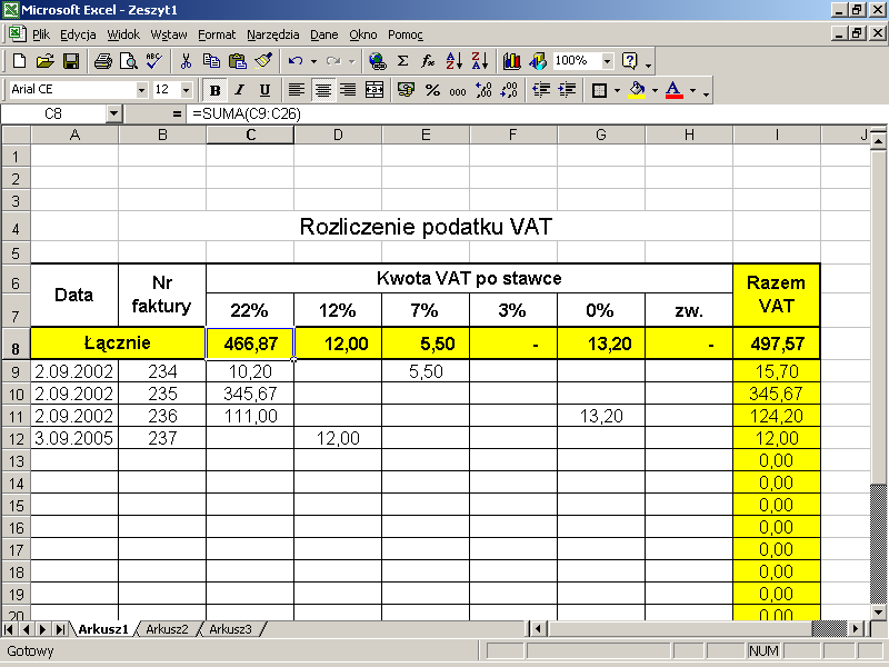 Podstawy Technik Komputerowych Zadanie 4 Utwórz arkusz przechowujący zestawiający podatek VAT na fakturach.