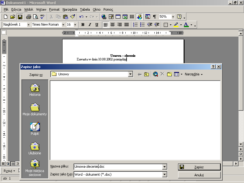 Podstawy Technik Kmputerowych Tworzenie i zapisywanie umowy zlecenia Wybór foldera przy zapisywaniu pliku Napisz fragment tekstu i zapisz go pod nazwą Umowa-zlecenie w folderze Umowy.