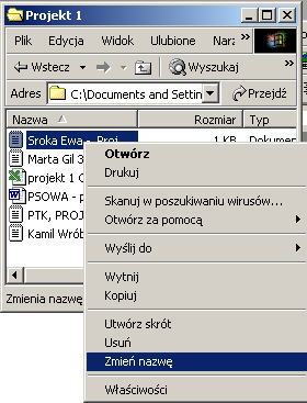 Podstawy Technik Komputerowych Zmiana nazwy, usuwanie plików Zmiana nazwy pliku, usuwanie pliku Operacje na plikach moŝesz inicjować z menu podręcznego, z menu Plik (zmień nazwę, usuń) lub z menu