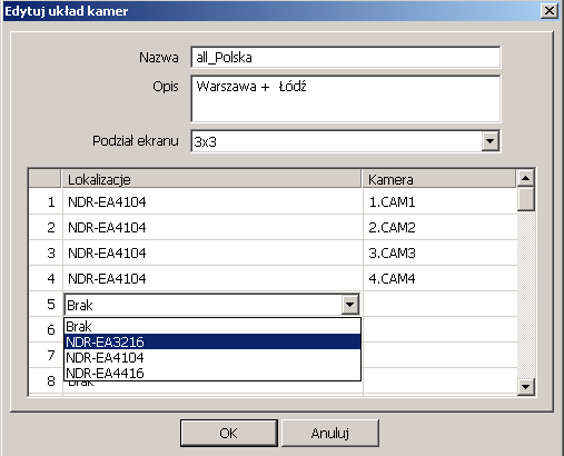 E-Viewer - Instrukcja obsługi, wer. 1.1 KONFIGURACJA PROGRAMU E-VIEWER 3.2. Dodawanie układów kamer (Favourite) UŜytkownik moŝe stworzyć i zapisać własne układy kamer wyświetlanych w podziale.