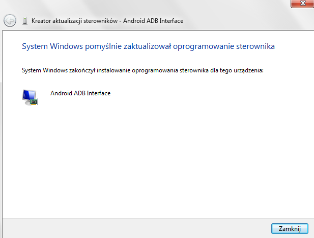 e) Po udanej instalacji sterowników, system Windows, powinien potwierdzid ten fakt