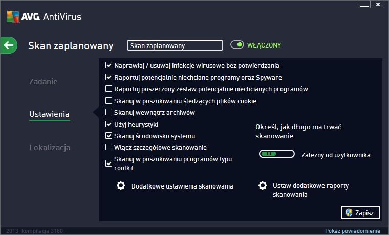 zaplanowanych skanów. 10.4.2. Ustawienia W górnej części Ustawień widoczne jest pole tekstowe, w którym możesz podaćnazwę aktualnie definiowanego skanowania.