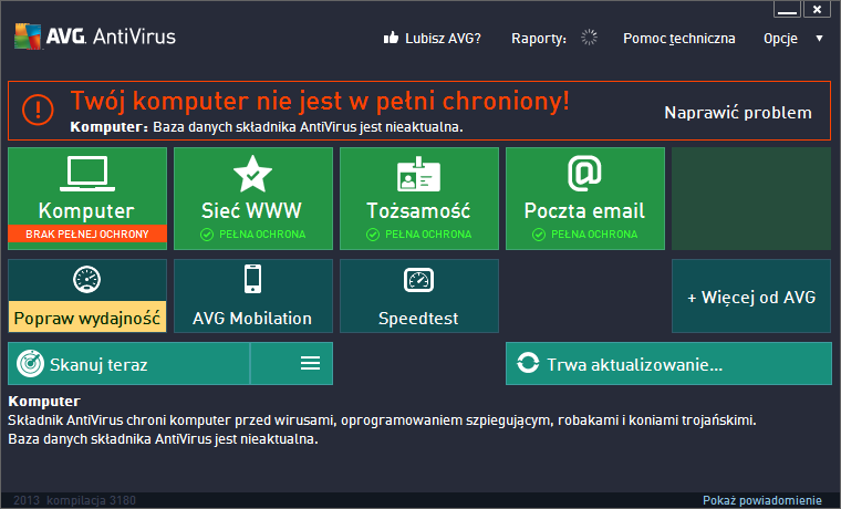 5. Interfejs użytkownika AVG Otwarcie systemu AVG AntiVirus 2013 powoduje wyświetlenie jego okna głównego: Okno główne jest podzielone na kilka sekcji: Górna nawigacja składa się z czterech linków