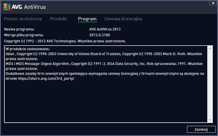 Program Na tej karcie możesz znaleźćinformacje o wersji programu oraz o użytych bibliotekach innych