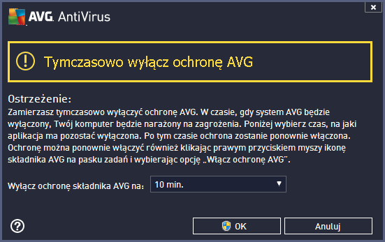 Zaznacz pole Tymczasowo wyłą cz ochronę AVG, a następnie potwierdź swoją decyzję, klikają c przycisk Zastosuj.