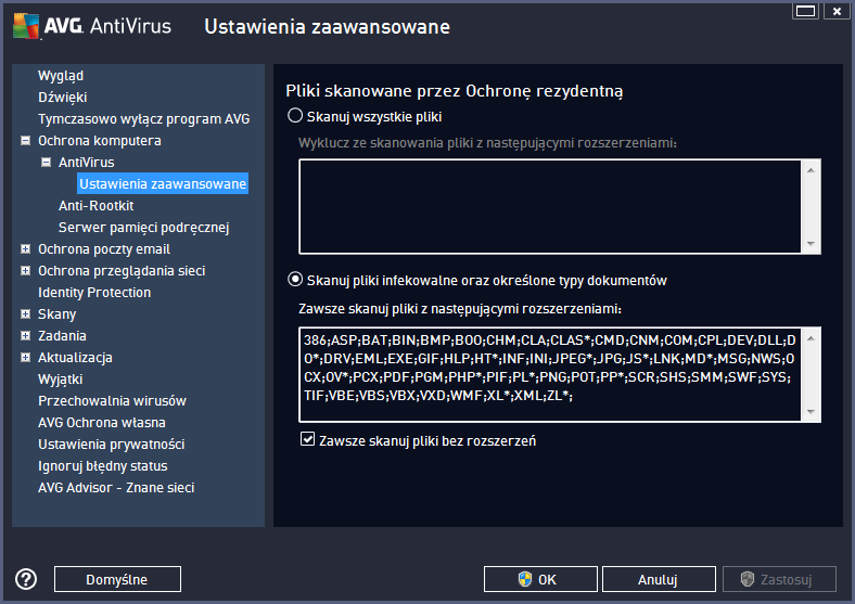 W oknie Pliki skanowane przez Ochronę Rezydentną można określić, które pliki mają być skanowane (według ich rozszerzeń): Zaznacz odpowiednie pole, w zależności od tego, czy chcesz skanowaćwszystkie
