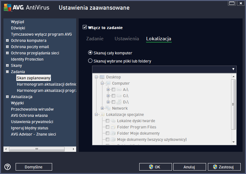 Na karcie Lokalizacja można określić, czy planowane jest skanowanie całego komputera, czy skanowanie określonych plików lub folderów.