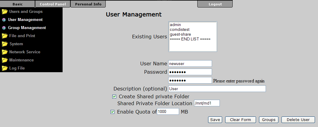 Użytkownicy i Grupy (Users and Groups) Menu w którym administrator może zarządzać użytkownikami oraz grupami urządzenia MySafe NAS.