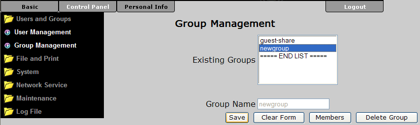 Zarządzanie Grupami (Group Management) W tym dziale widoczne są wszystkie istniejące grupy urządzenia MySafe NAS oraz możliwe jest zarządzanie nimi poprzez dodawanie i odejmowanie ich z listy.